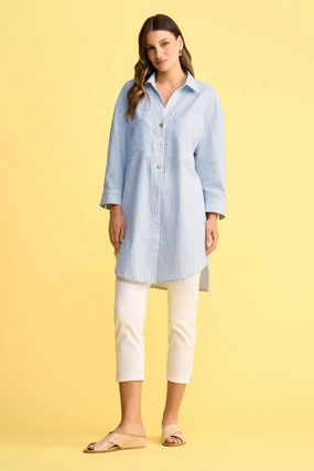 Cuff Long Line Shirt - Blue & White Stripe