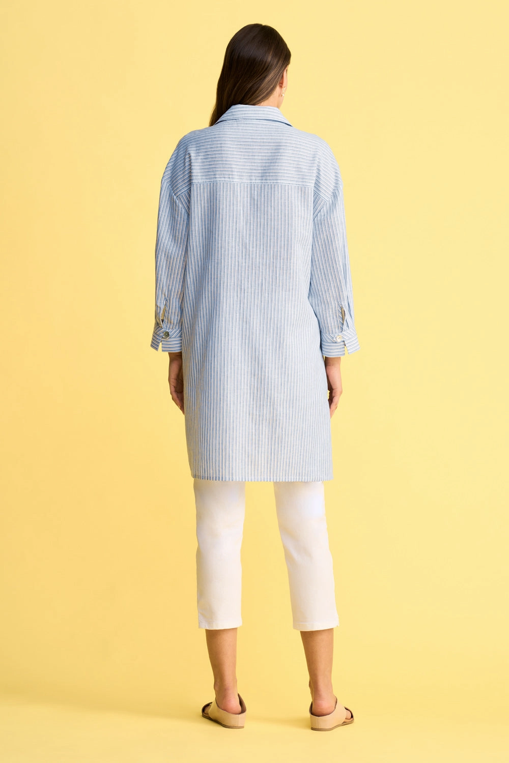 Cuff Long Line Shirt - Blue & White Stripe