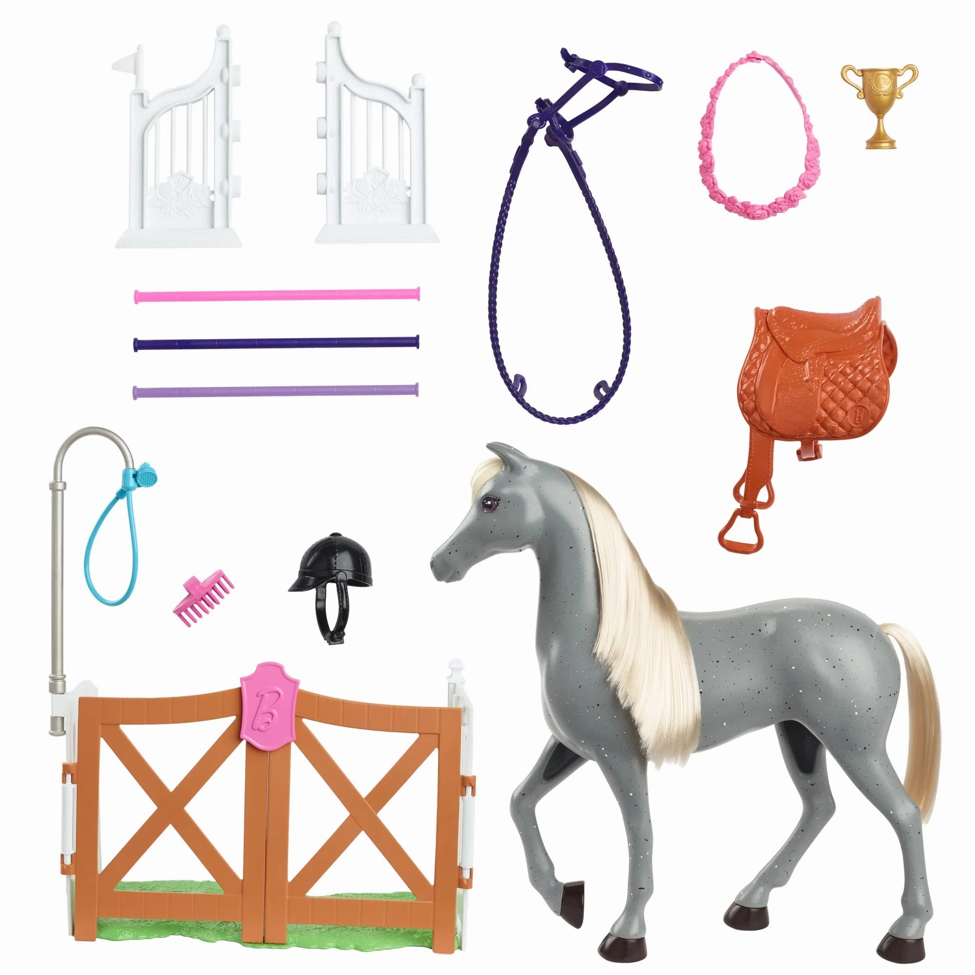 Mattel HYR17 Barbie World Horse Stable Playset with Toy Horse, Jump, & Accessories, 7-Piece Set
