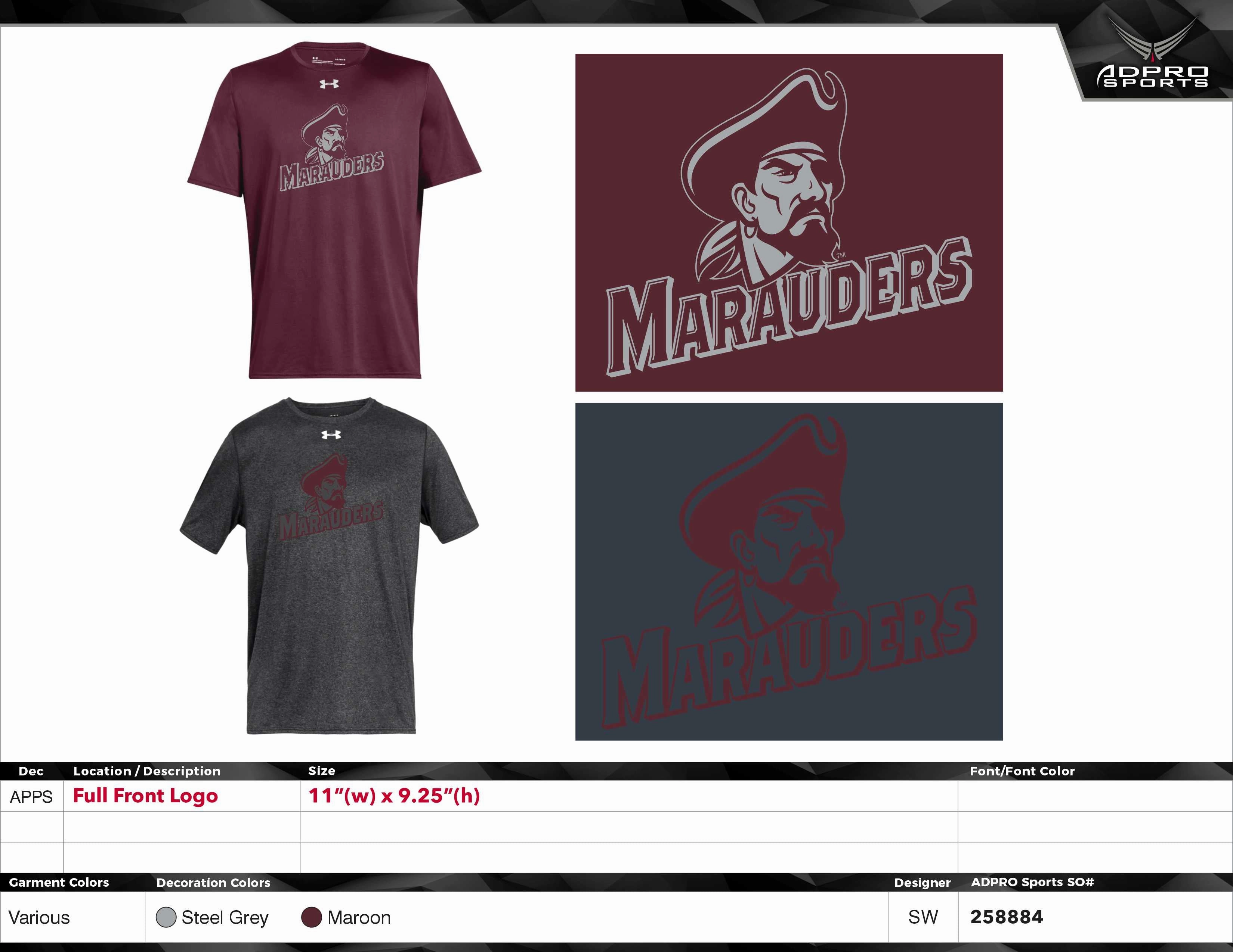 Nike or Under Armour Short Sleeve Dri Fit Shirt  -GREY or MAROON with Marauder Head/Marauders