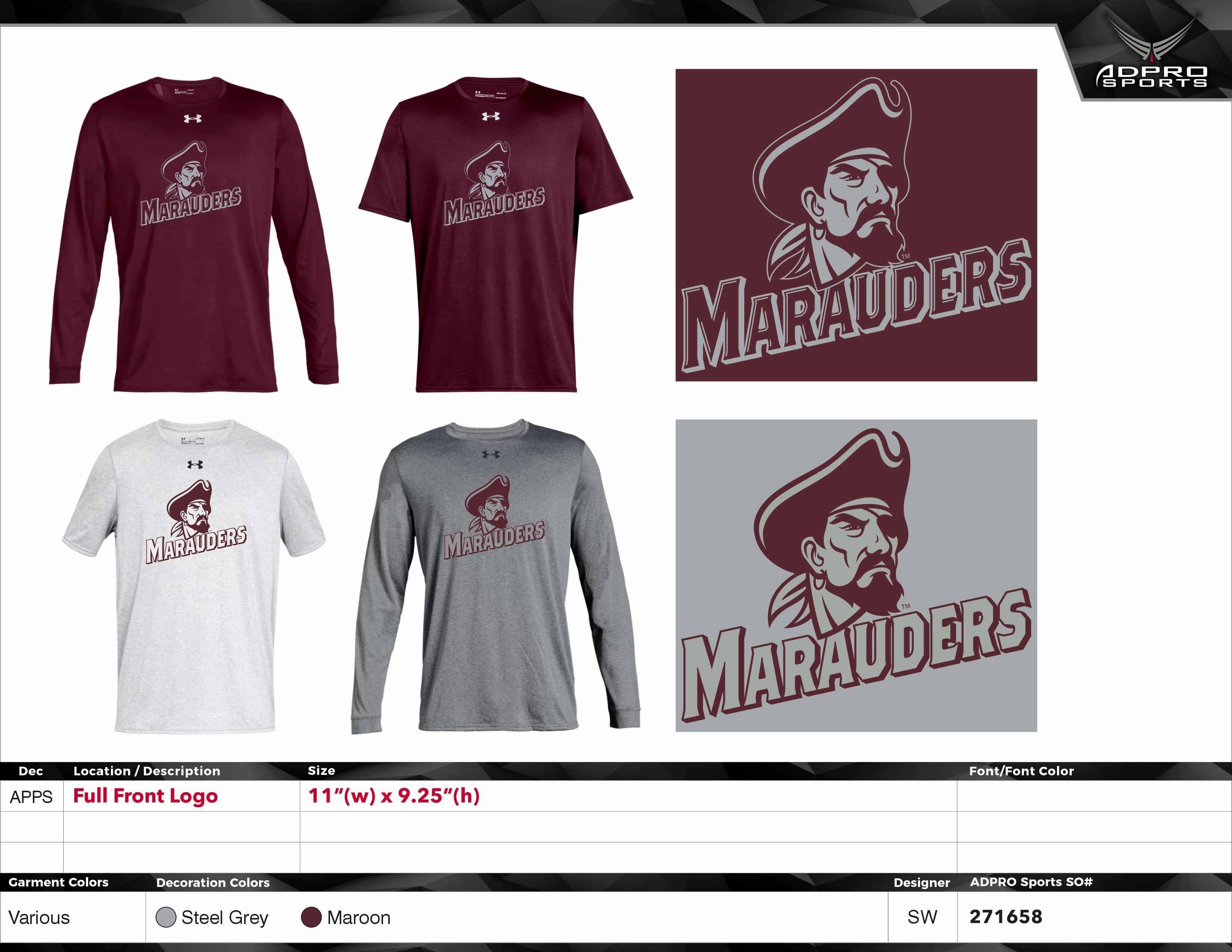 Nike or Under Armour Short Sleeve Dri Fit Shirt  -GREY or MAROON with Marauder Head/Marauders