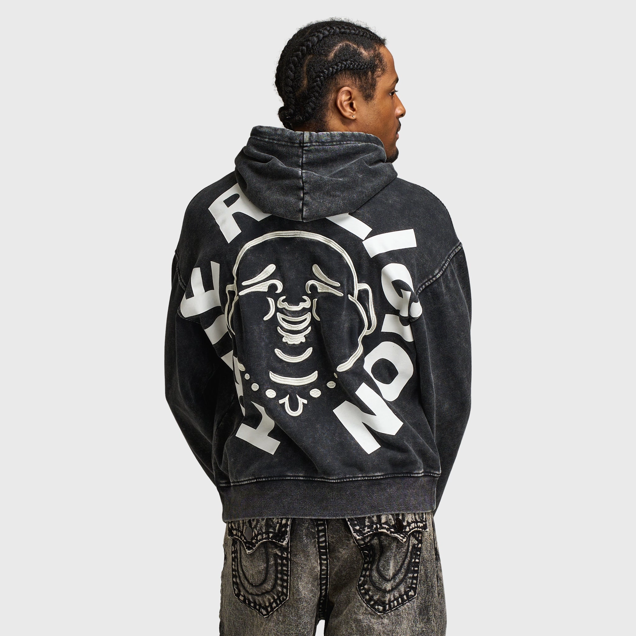 True Religion Mineral Buddha Face Pullover Hoodie / Vintage Mineral Wash