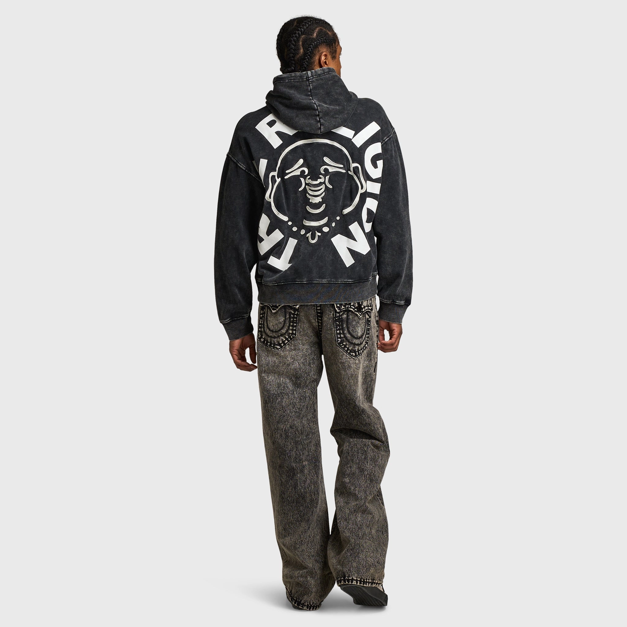 True Religion Mineral Buddha Face Pullover Hoodie / Vintage Mineral Wash