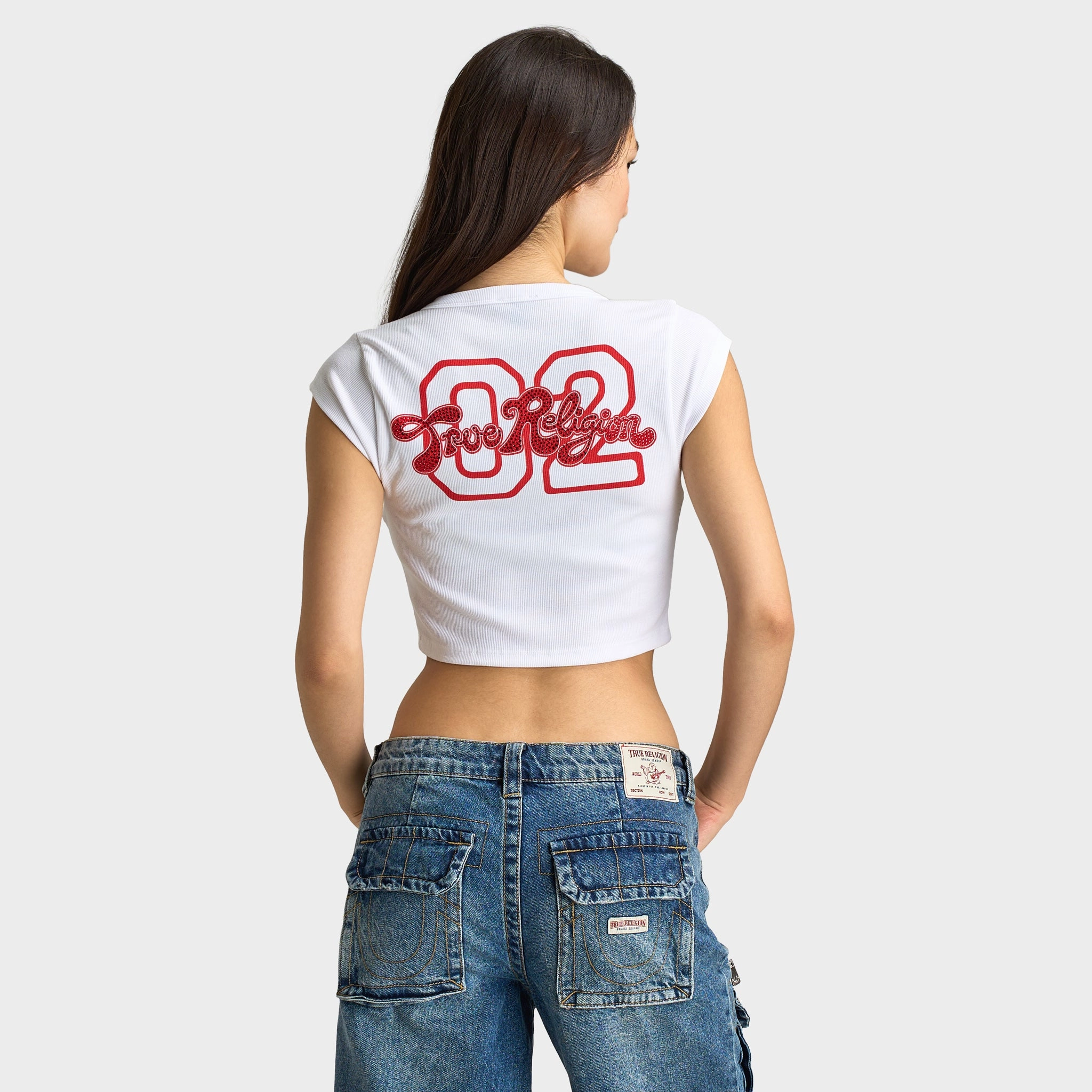 True Religion Women's Crystal Notch Cap Sleeves Tee / White