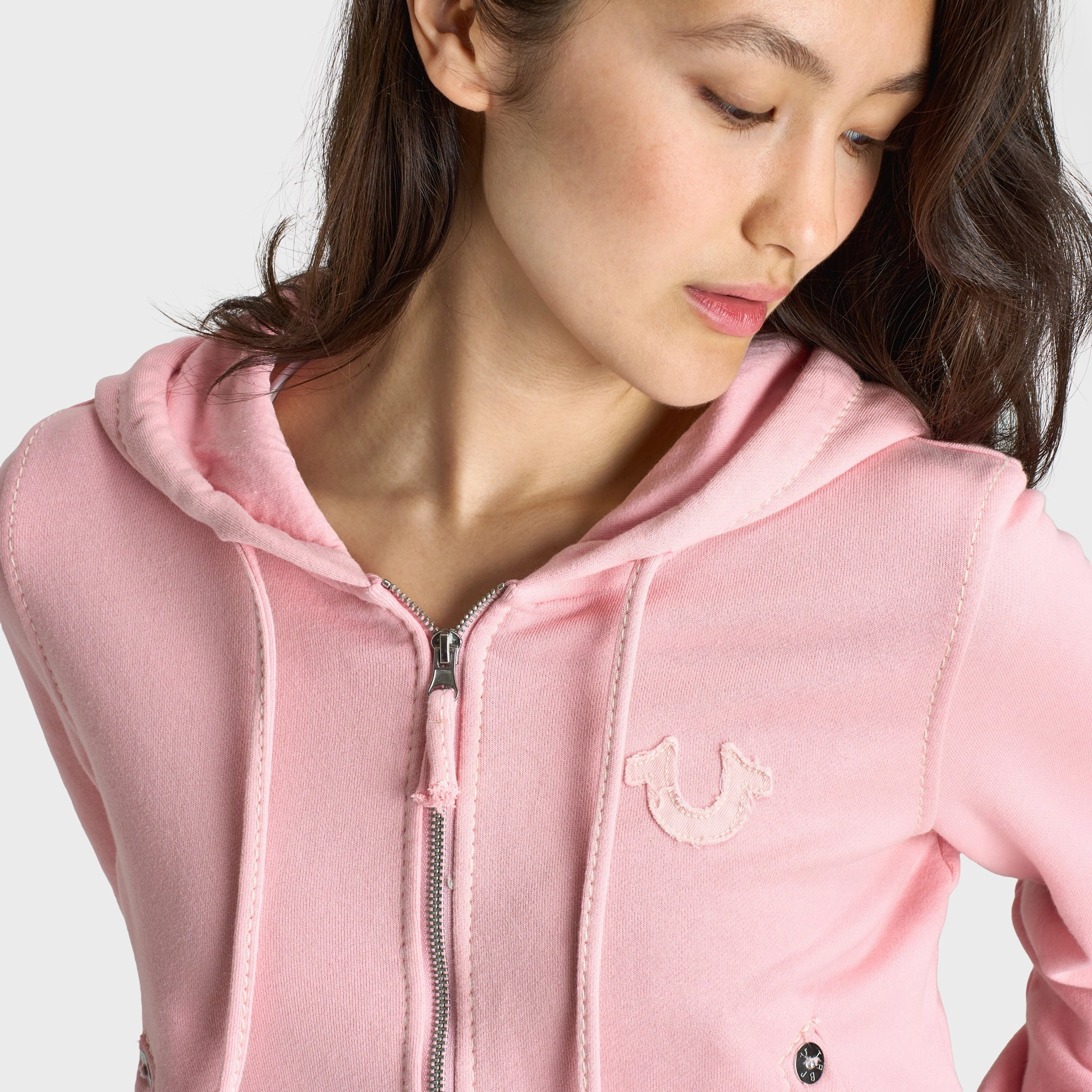 True Religion Women's Raw Edge Big T Shrunken Hoodie / Candy Pink